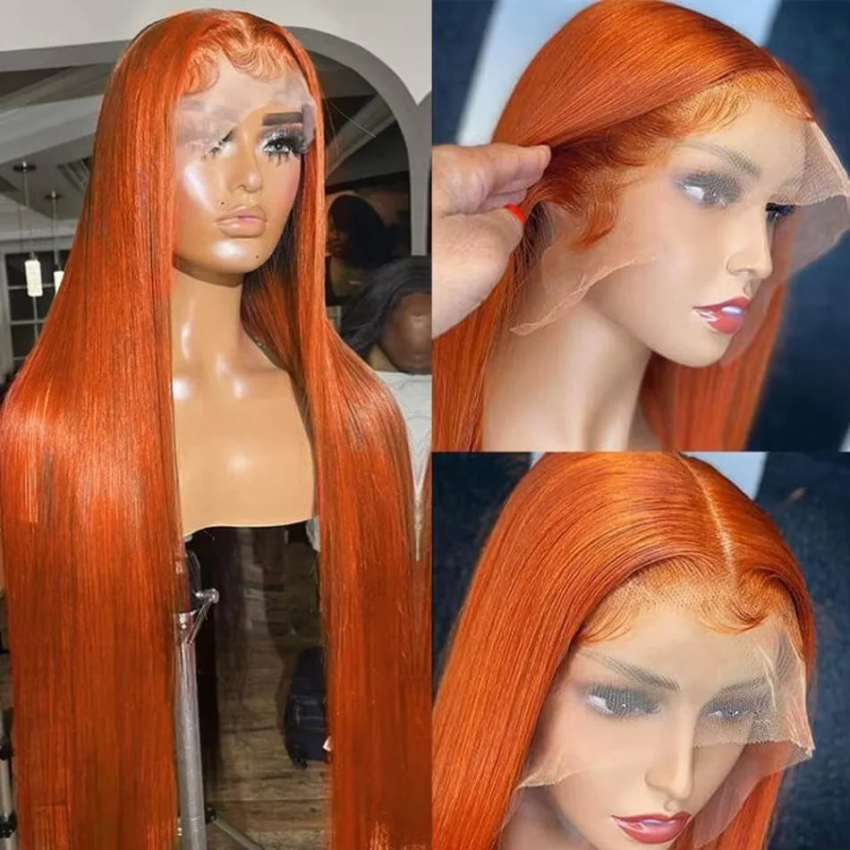 220 30 40 Inch Ginger Orange Bone Straight 13x6 Lace Front Human Hair Wig 13x4 HD Transparent Lace Frontal Wigs