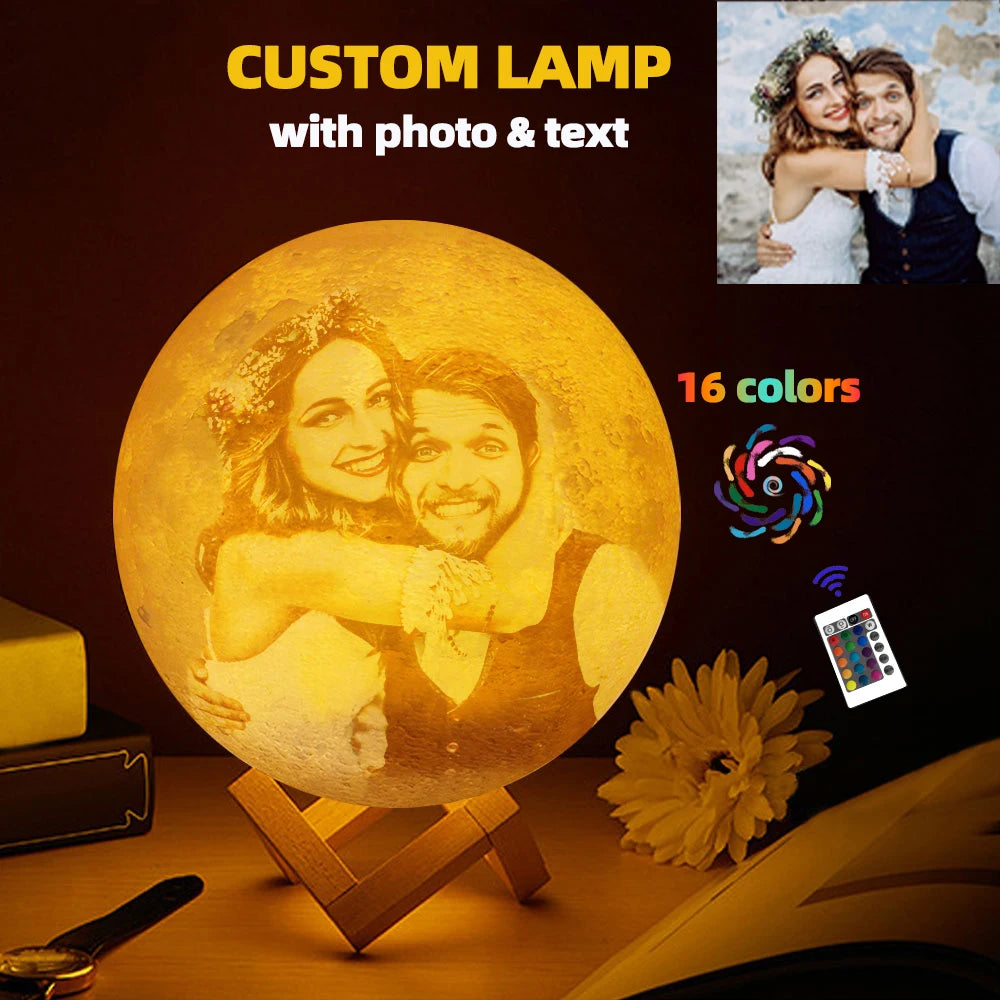 Personalized 3D Printing Moon Lamp Customized Photo Text Night Light USB Rechargeable Birthday Mother Day Valentines Lunar Gift