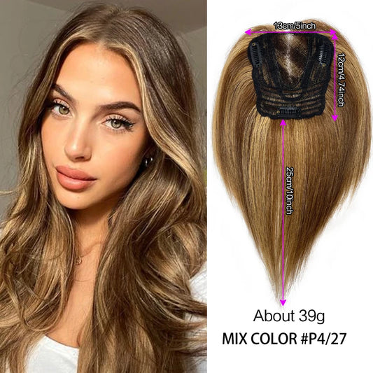 P4/27 Straight Hair Clip in Hair Topper Extension Human Hair Swiss Lace Topper for Women Toupee Hairpiece Wig 12x13cm Top Wig