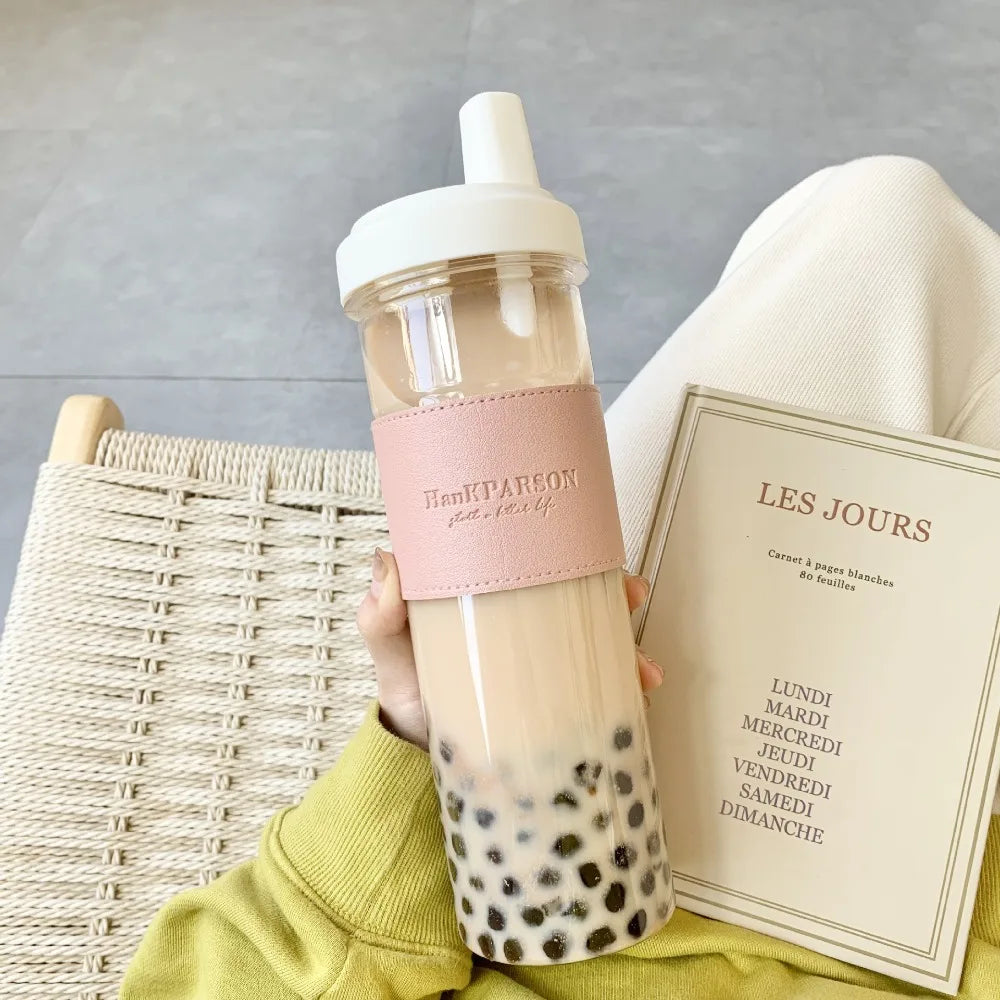 850ML Cute Pearl Milk Tea Straw Plastic Water Bottle with Cup Cover Women Large Capacity Juice Boba Milk Cup Dropproof