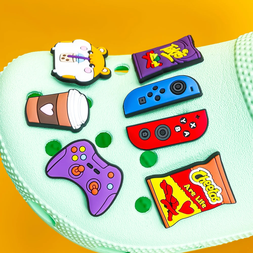 1pcs Gamepad Snacks Shoe Charms Takis Chettos Shoe Accessories Coffee Boba Tea Clog Pins Game Controller Shoe Decorations