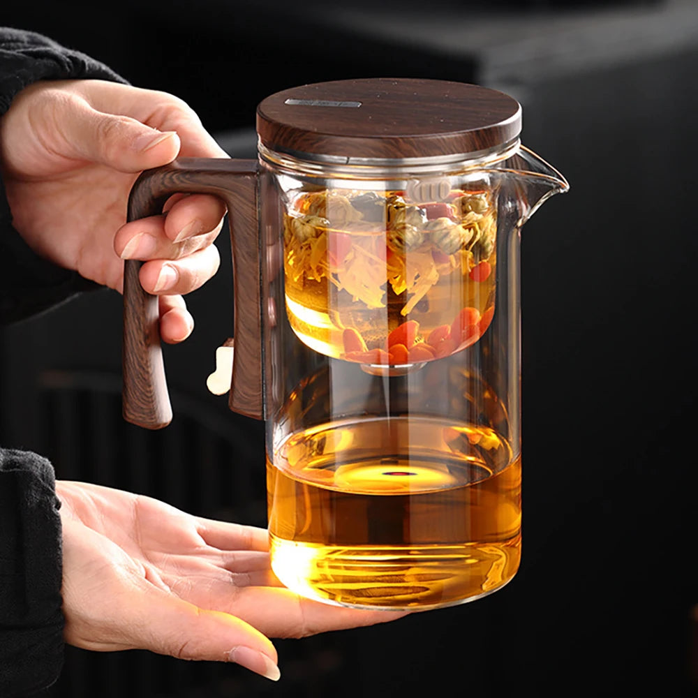 New Water Separation Inner Container Teapot One Click Magnetic Switch Tea Separation Filtration Glass Tea Pot Wood Handle Tea