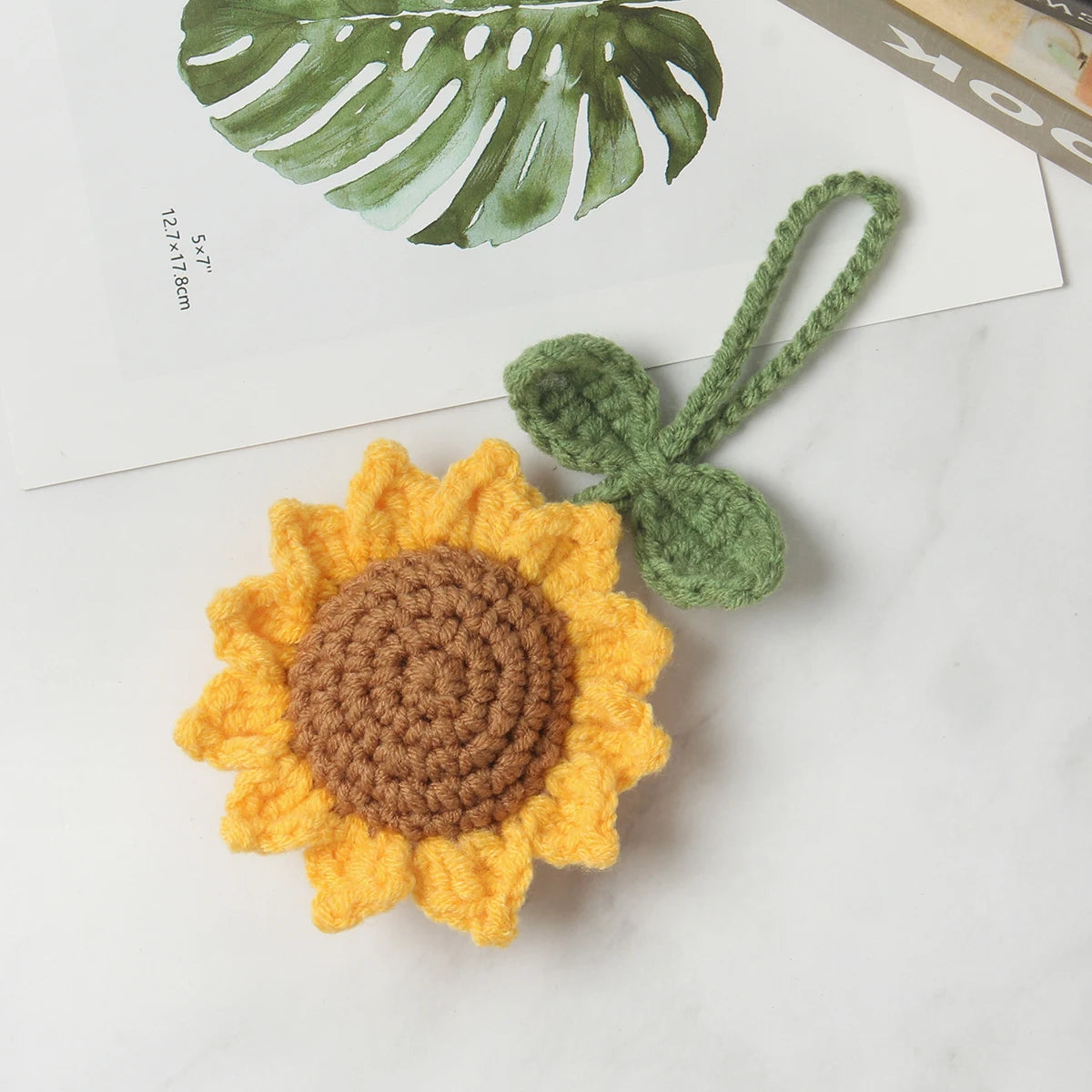 2pcs Handmade Crochet Knit Sunflower Multipurpose Pendant Bag Car Key Ring Decoration Charm Cute Auto Interior Accessories