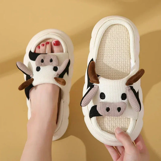 2024 Cute Cartoon Cow Linen Slippers Universal Indoor Home Four Seasons Nonslip Cotton Linen Sandals