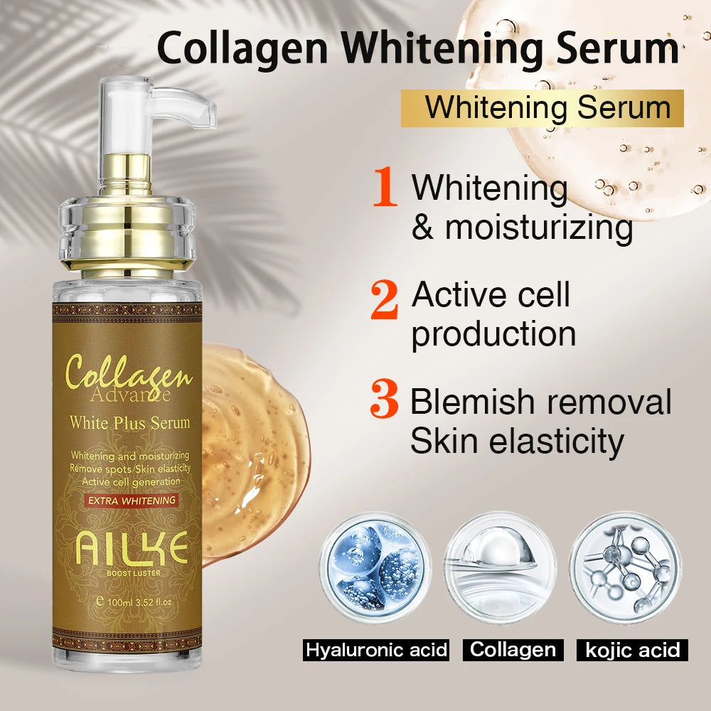 AILKE Skin Whitening Face Serum, Reduce Spots, Moisturizing, Even Skin Tone, With Organic Collagen, Skin Lightening Body Serum