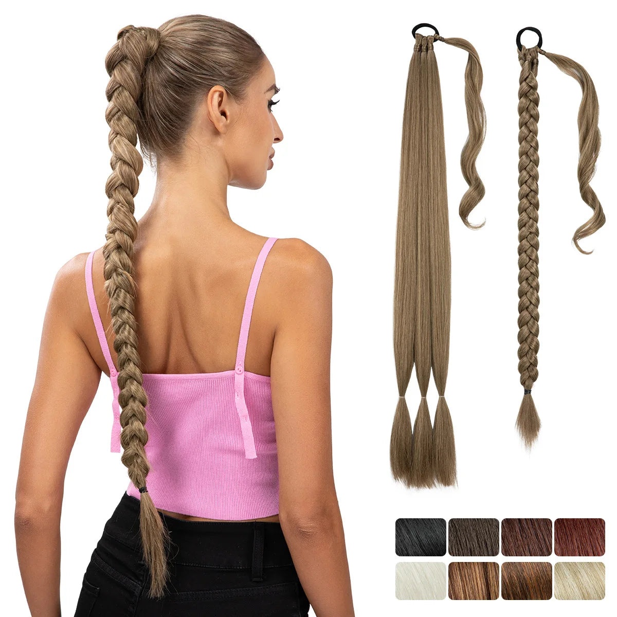 Synthetic Long Braided Ponytail Hair Extensions Synthetic Boxing Braids Wrap Around Chignon Tail With Rubber Band