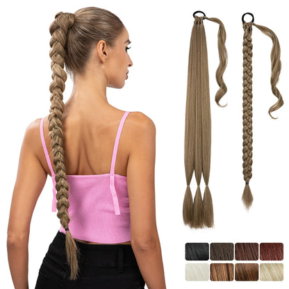 Synthetic Long Braided Ponytail Hair Extensions Synthetic Boxing Braids Wrap Around Chignon Tail With Rubber Band