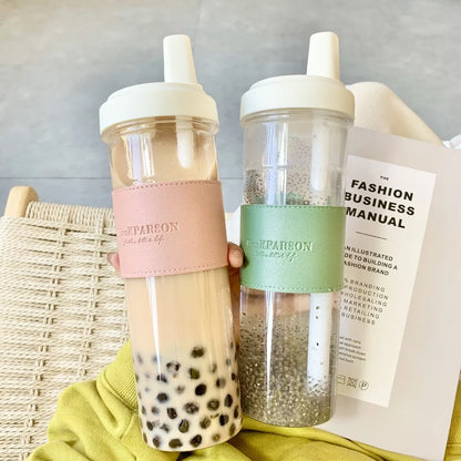 850ML Cute Pearl Milk Tea Straw Plastic Water Bottle with Cup Cover Women Large Capacity Juice Boba Milk Cup Dropproof