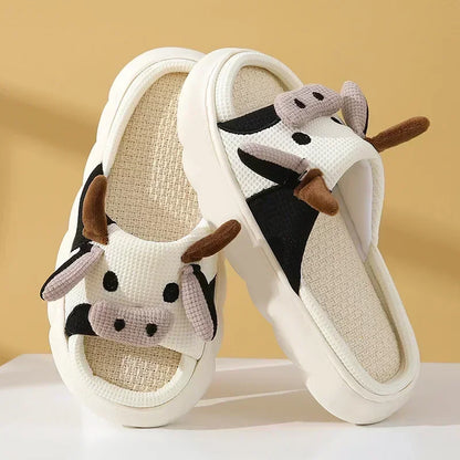 2024 Cute Cartoon Cow Linen Slippers Universal Indoor Home Four Seasons Nonslip Cotton Linen Sandals