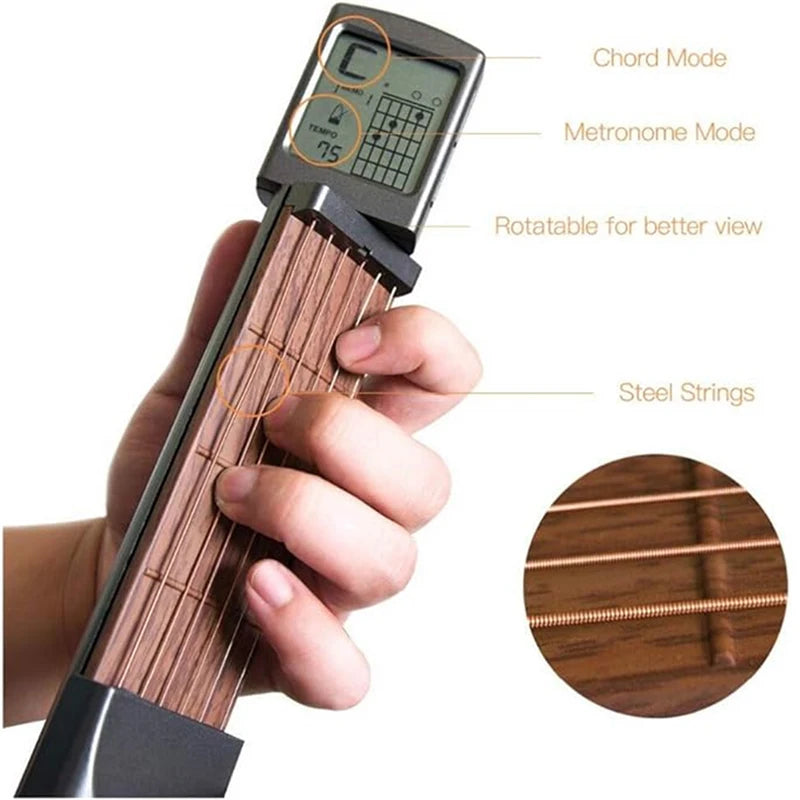 Pocket Guitar Chord Practice Tool, Portable Guitar Neck for Trainer Beginner w/a Rotatable Chords Chart Screen