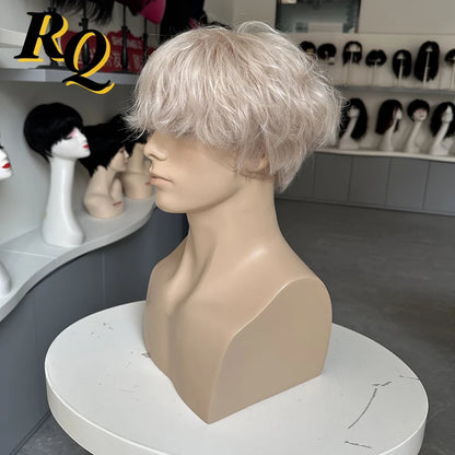 Pre Cut Sliver Grey Color Male Real Human Hair Wig Handsome Human Hair Toupee Hair System Replacement For Men Hairpieces Wigs