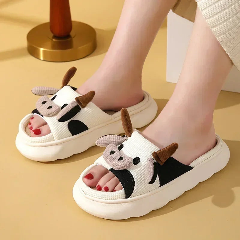 2024 Cute Cartoon Cow Linen Slippers Universal Indoor Home Four Seasons Nonslip Cotton Linen Sandals