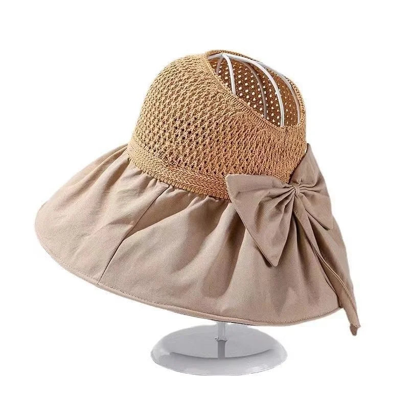 Women's UV protection face-covering sun hat with large brim, hollow top design, bow-decorated sun hat