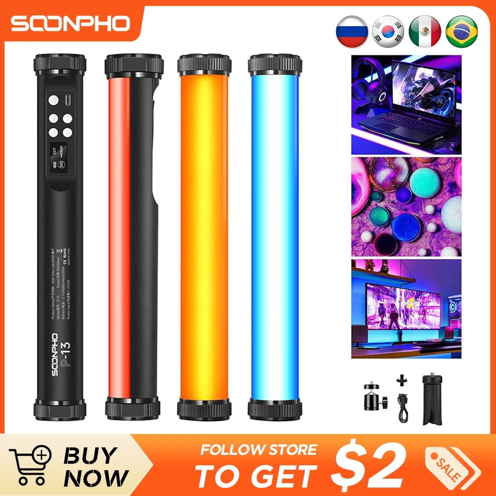 Soonpho P13 RGB Video Light With Tripod Handheld Led Photography Stick Fill Lamp Magnetic 2500-8500K Tube Light for Vlog Youtube