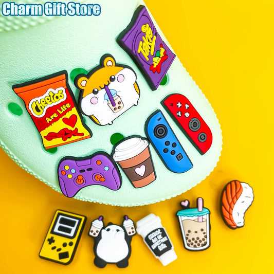 1pcs Gamepad Snacks Shoe Charms Takis Chettos Shoe Accessories Coffee Boba Tea Clog Pins Game Controller Shoe Decorations