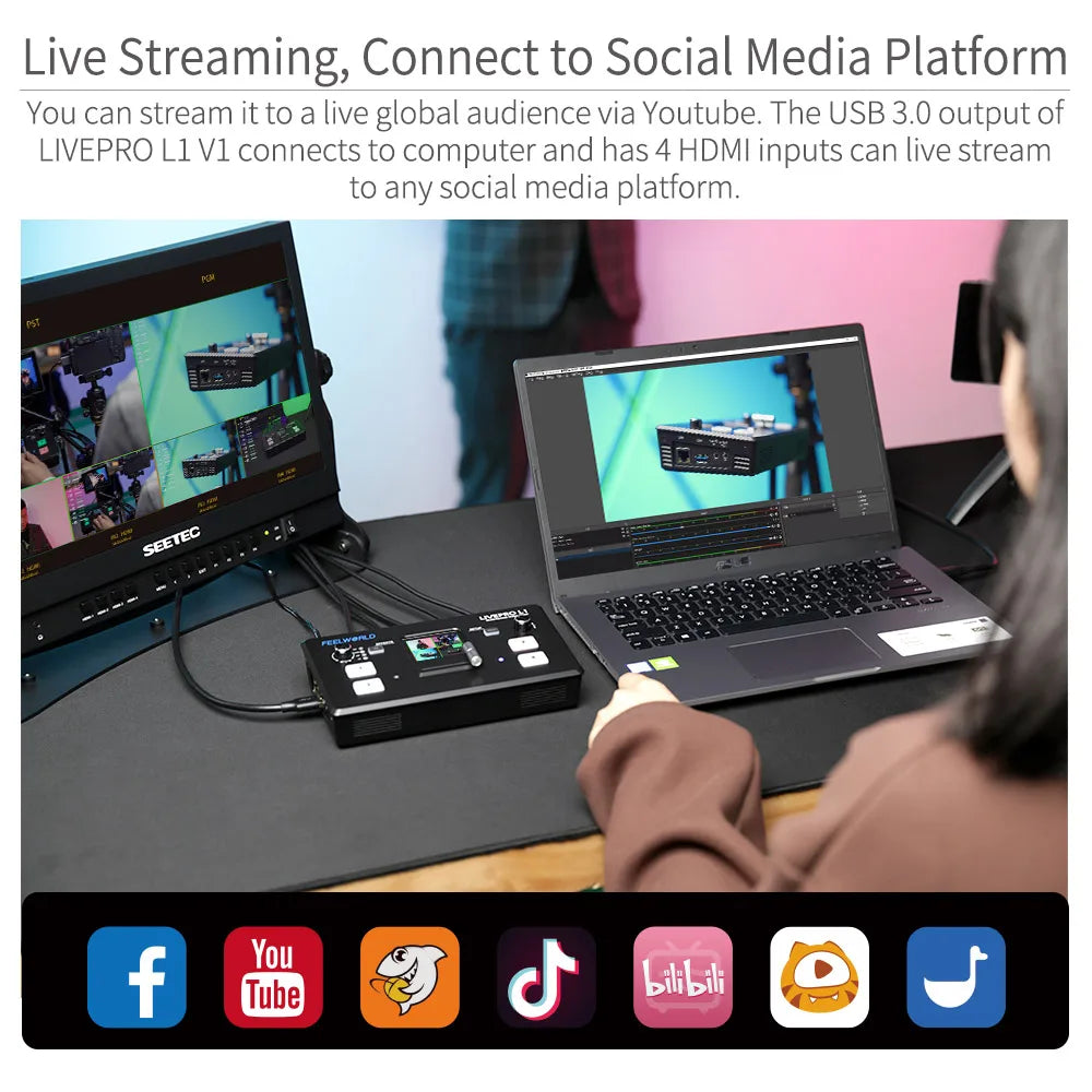 FEELWORLD Multi Format Video Mixer Switcher LIVEPRO L1 V1 4xHDMI Inputs Camera Production USB3.0 Live Streaming Youtube