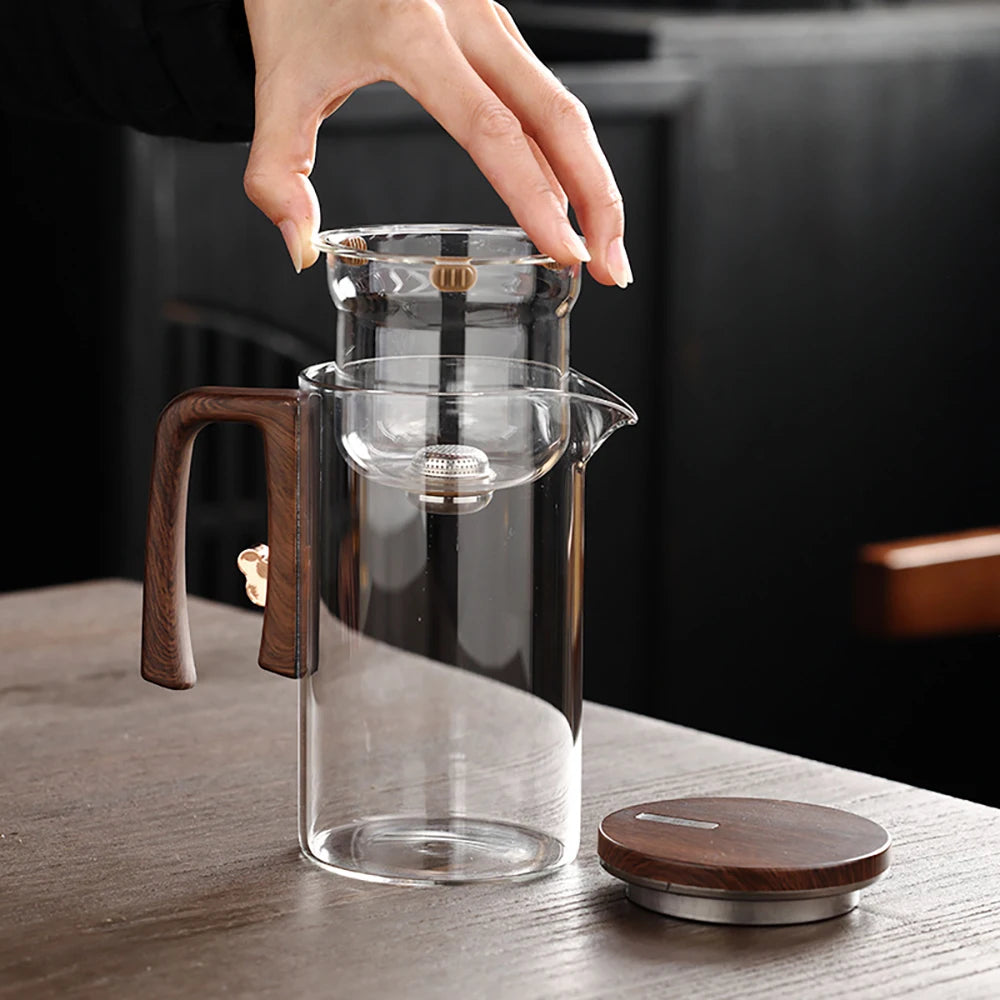 520ML720ML Glass Teapot Water Separation Inner Container One Click Magnetic Switch Tea Filtration Tea Pot Wood Handle Cup Set