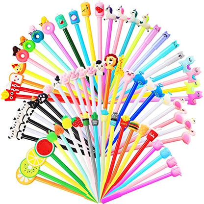 24 Pcs Cute Cartoon Gel Black Ink Pens Set Bulk Assorted Writing Tools Animal Fruit Food Birthday Present Office School Supplies