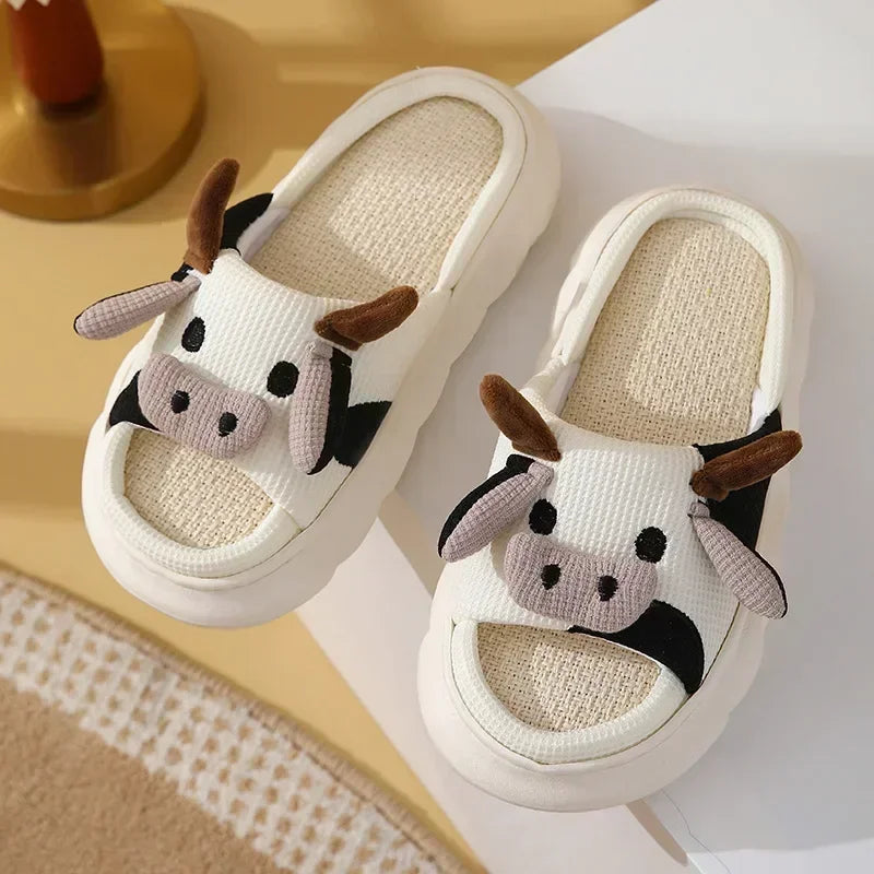 2024 Cute Cartoon Cow Linen Slippers Universal Indoor Home Four Seasons Nonslip Cotton Linen Sandals