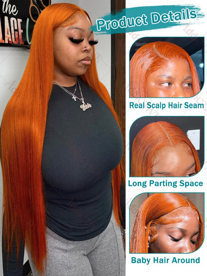 220 30 40 Inch Ginger Orange Bone Straight 13x6 Lace Front Human Hair Wig 13x4 HD Transparent Lace Frontal Wigs