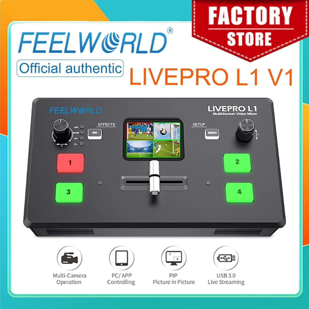 FEELWORLD Multi Format Video Mixer Switcher LIVEPRO L1 V1 4xHDMI Inputs Camera Production USB3.0 Live Streaming Youtube