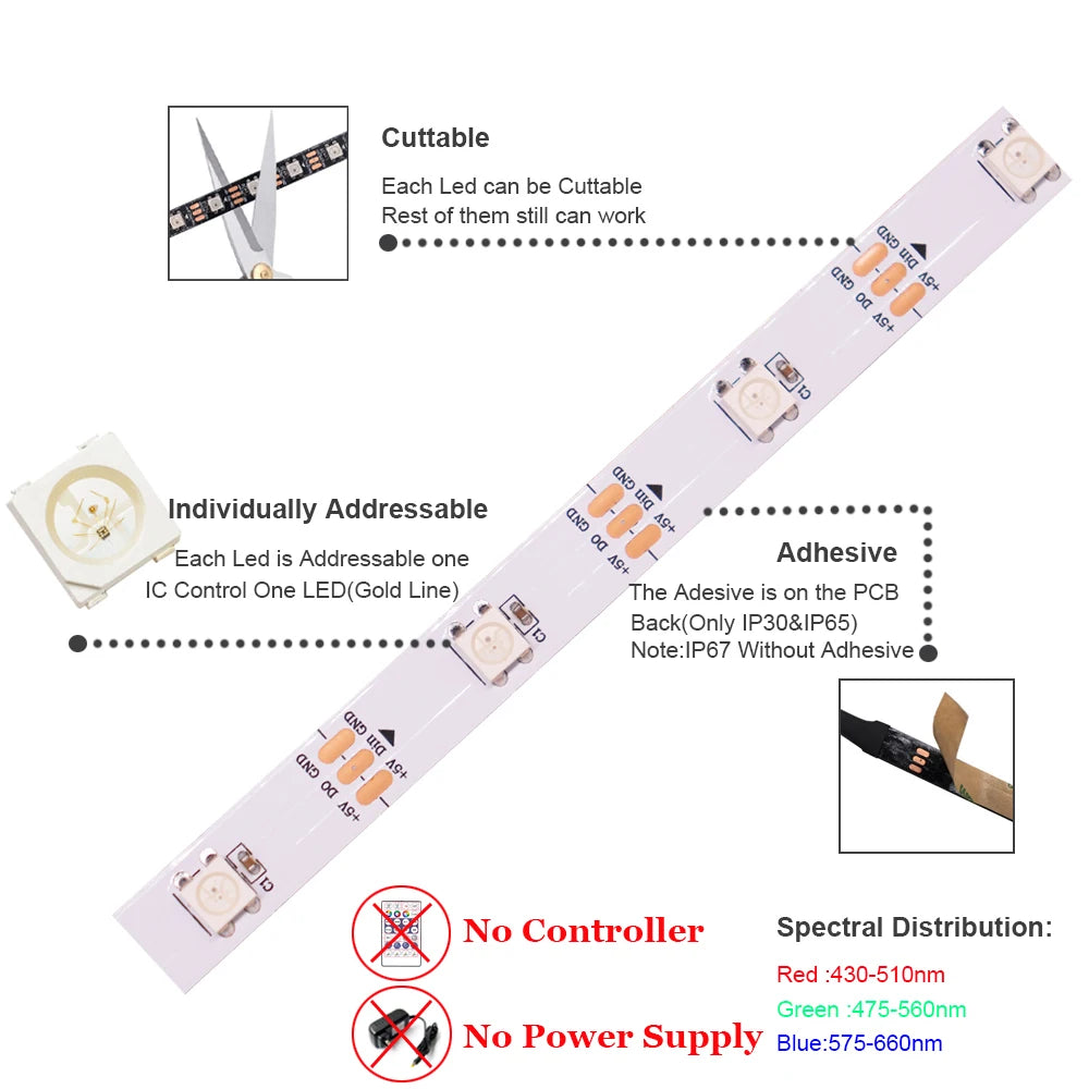 WS2812B LED Strip USB Bluetooth Music Controller Kit Individually Addressable Smart RGB LED Strip 30607496144Ledsm DC5V