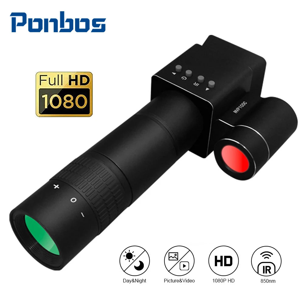 Ponbos NVP100C Metals Night Vision Scope Sight 250M Infrared Laser 1080P HD 7X Optical Monoculars Telescope for Hunting Camping