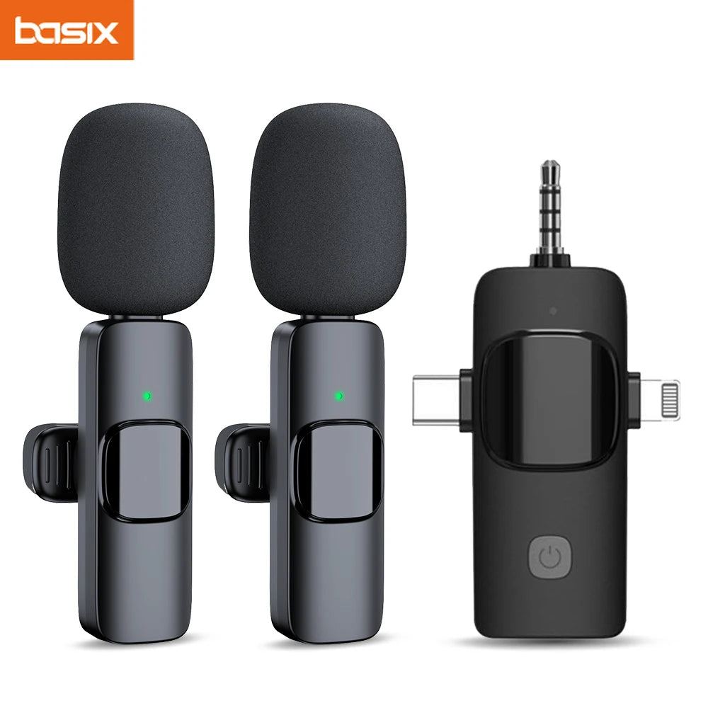 Basix 2.4G Wireless Lavalier Microphone 3in1 For iPhone Huawei Xiaomi Samsung Audio Video Recording Mic Live Broadcast Gaming