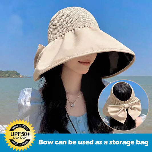 Women's UV protection face-covering sun hat with large brim, hollow top design, bow-decorated sun hat