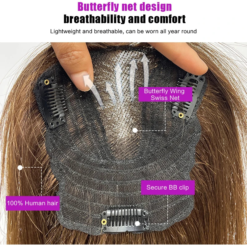 P4/27 Straight Hair Clip in Hair Topper Extension Human Hair Swiss Lace Topper for Women Toupee Hairpiece Wig 12x13cm Top Wig