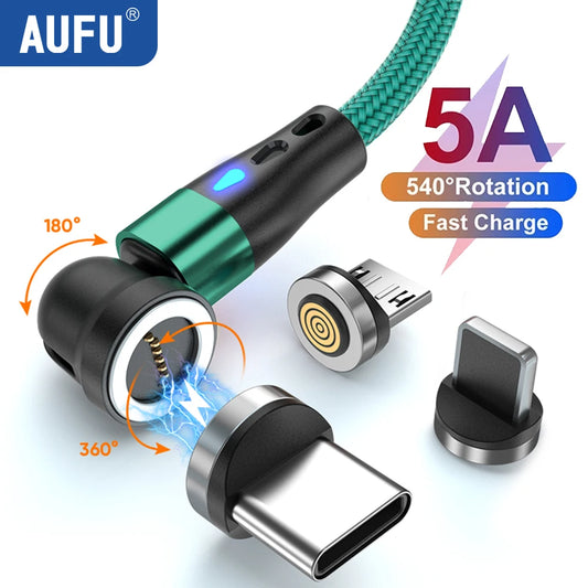 AUFU 5A Magnetic Fast Charging Cable 540 Rotate Magnetic Micro USB Type C Cable For iPhone 14 Samsung Xiaomi Mobile Phone Cable