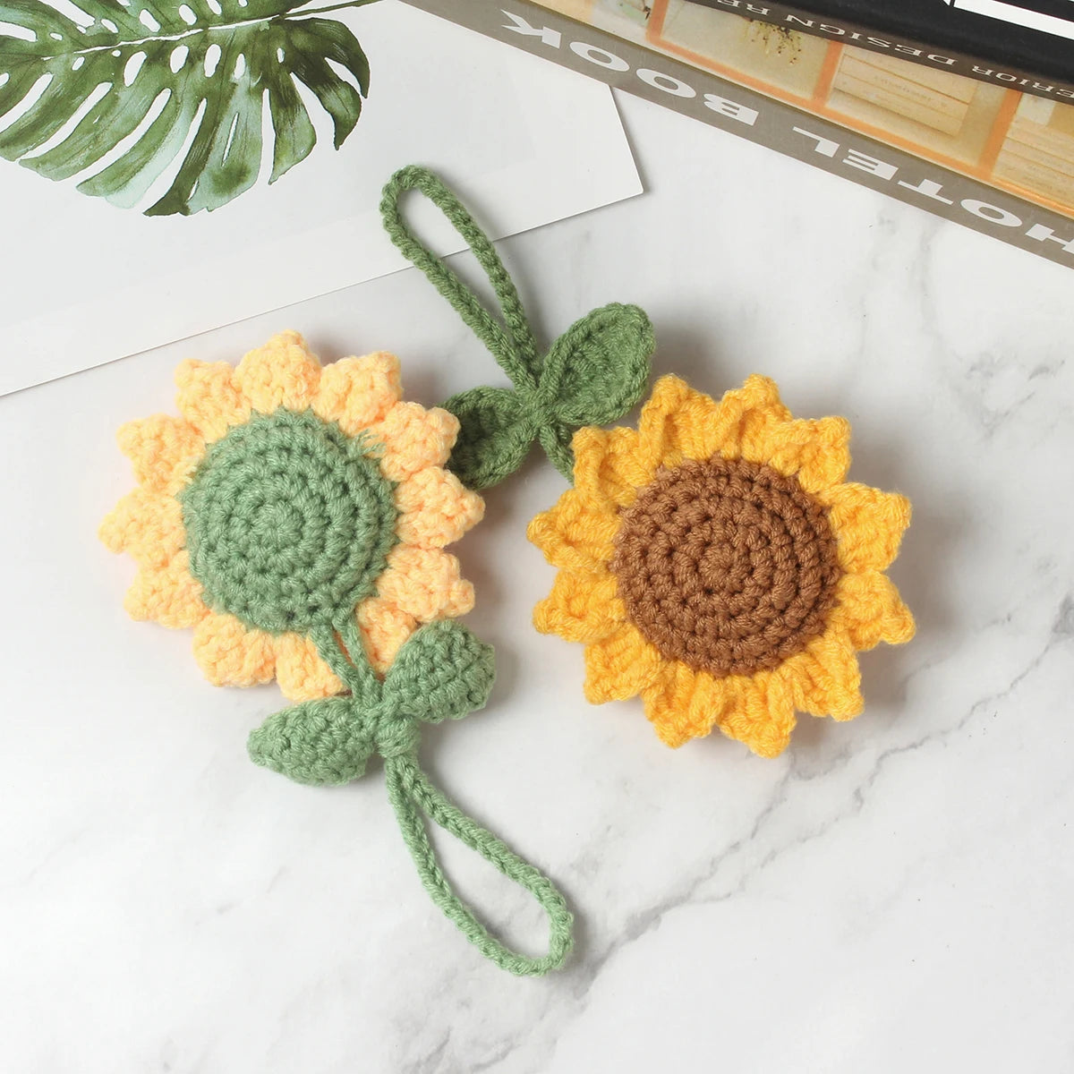 2pcs Handmade Crochet Knit Sunflower Multipurpose Pendant Bag Car Key Ring Decoration Charm Cute Auto Interior Accessories