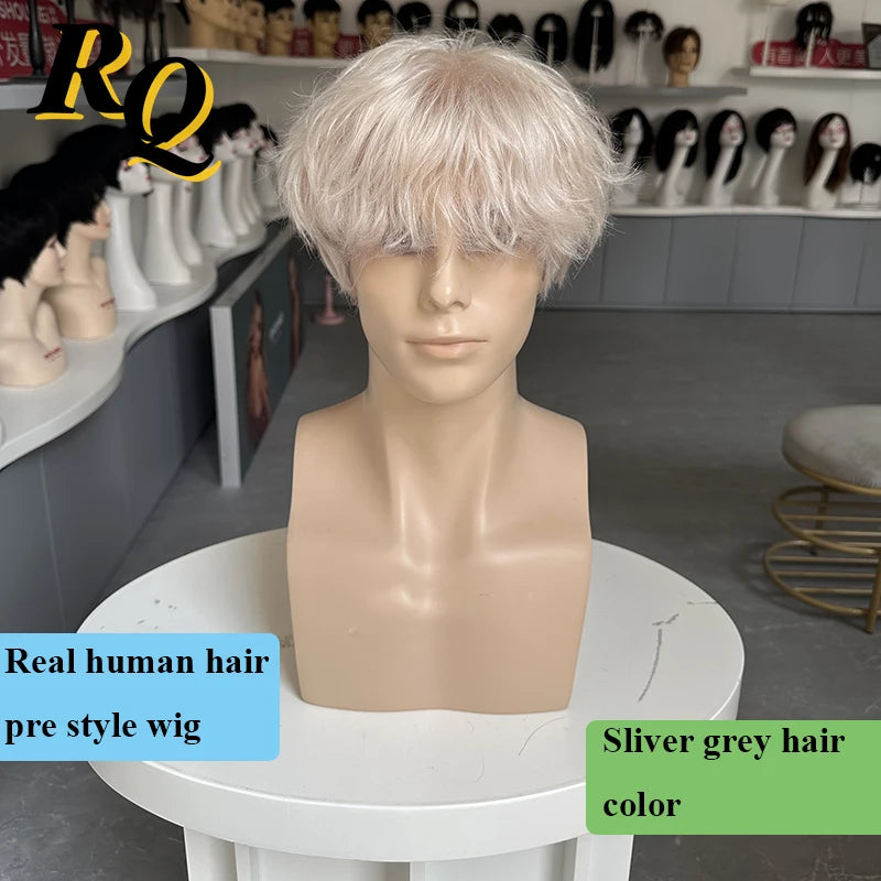 Pre Cut Sliver Grey Color Male Real Human Hair Wig Handsome Human Hair Toupee Hair System Replacement For Men Hairpieces Wigs