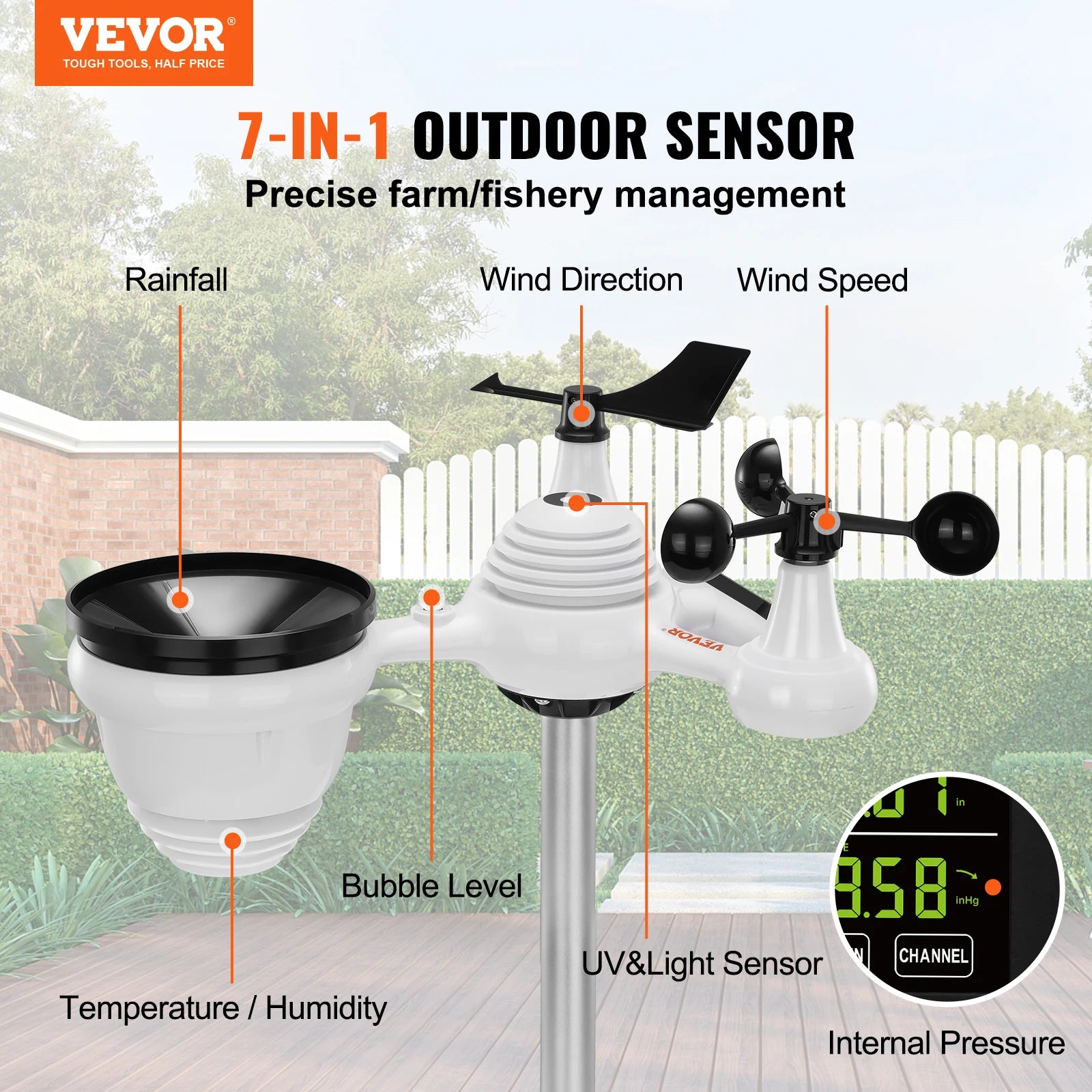 VEVOR 7-in-1 Wireless Weather Station 7.5 in Large Color Display Digital Home Weather Station for Forecast Data, Alarm, Alerts