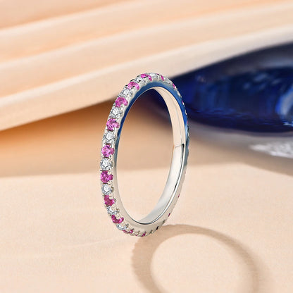 CHARMING New 1.5mm D Color Moissanite Ring 925 Sterling Silver Pink Sapphire VSS1 Sparkling Diamond Pure 18K Gold Wedding Band