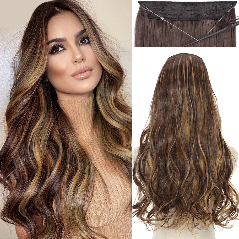 Synthetic Natural Clip Free Hair Extensions with Long Wavy Invisible Silk Wigs, Brown Blonde Fishline FOR WOMEN'S Hair Patches