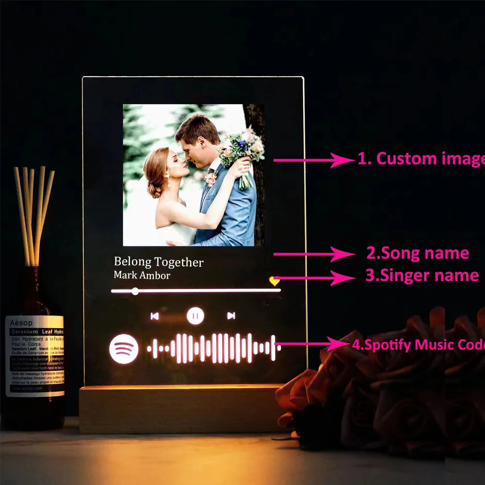 Personalised Acrylic Spotify Photo Plaque with LED Night Light Gift for Her Him Printed Photo with Stand Custom Couple Gift