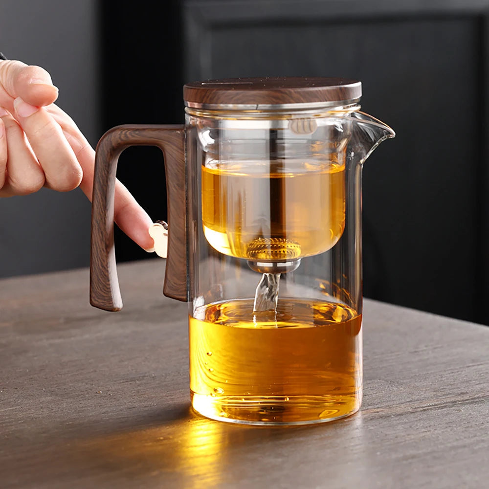 New Water Separation Inner Container Teapot One Click Magnetic Switch Tea Separation Filtration Glass Tea Pot Wood Handle Tea