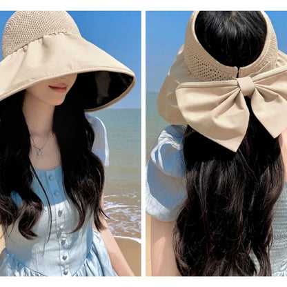 Women's UV protection face-covering sun hat with large brim, hollow top design, bow-decorated sun hat