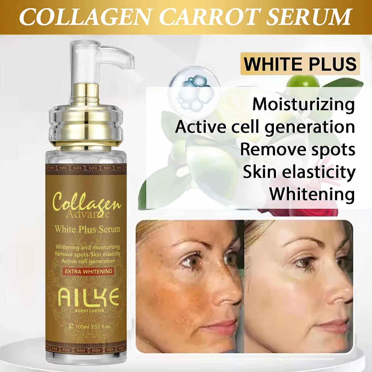 AILKE Skin Whitening Face Serum, Reduce Spots, Moisturizing, Even Skin Tone, With Organic Collagen, Skin Lightening Body Serum