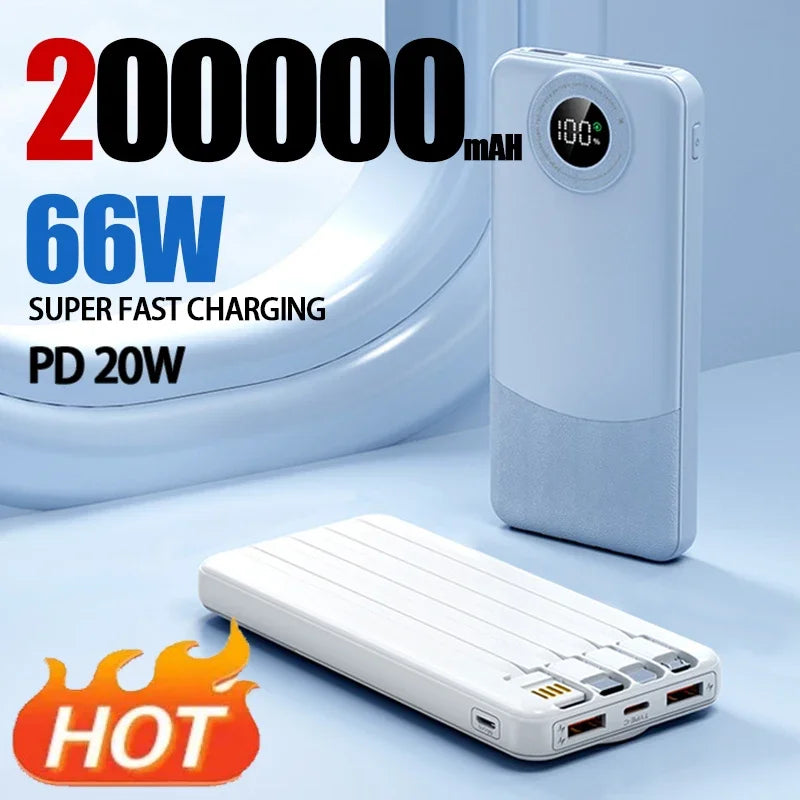 200000mAh Power BankSuper Fast Charging 66W Ultralarge Capacity For Mobile Power External Battery For iphone 15 14 Samsung New