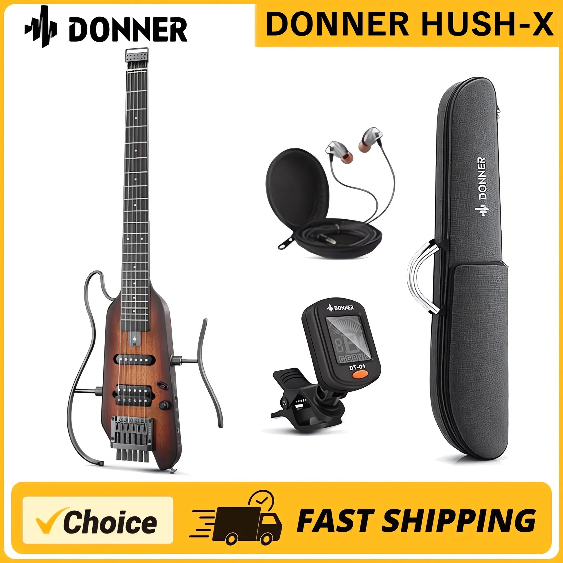 Donner HUSHX Headless Silent Acoustic Electric Travel Guitar Removable Frames Ultra Light Mahogany Solid Body HUSH X