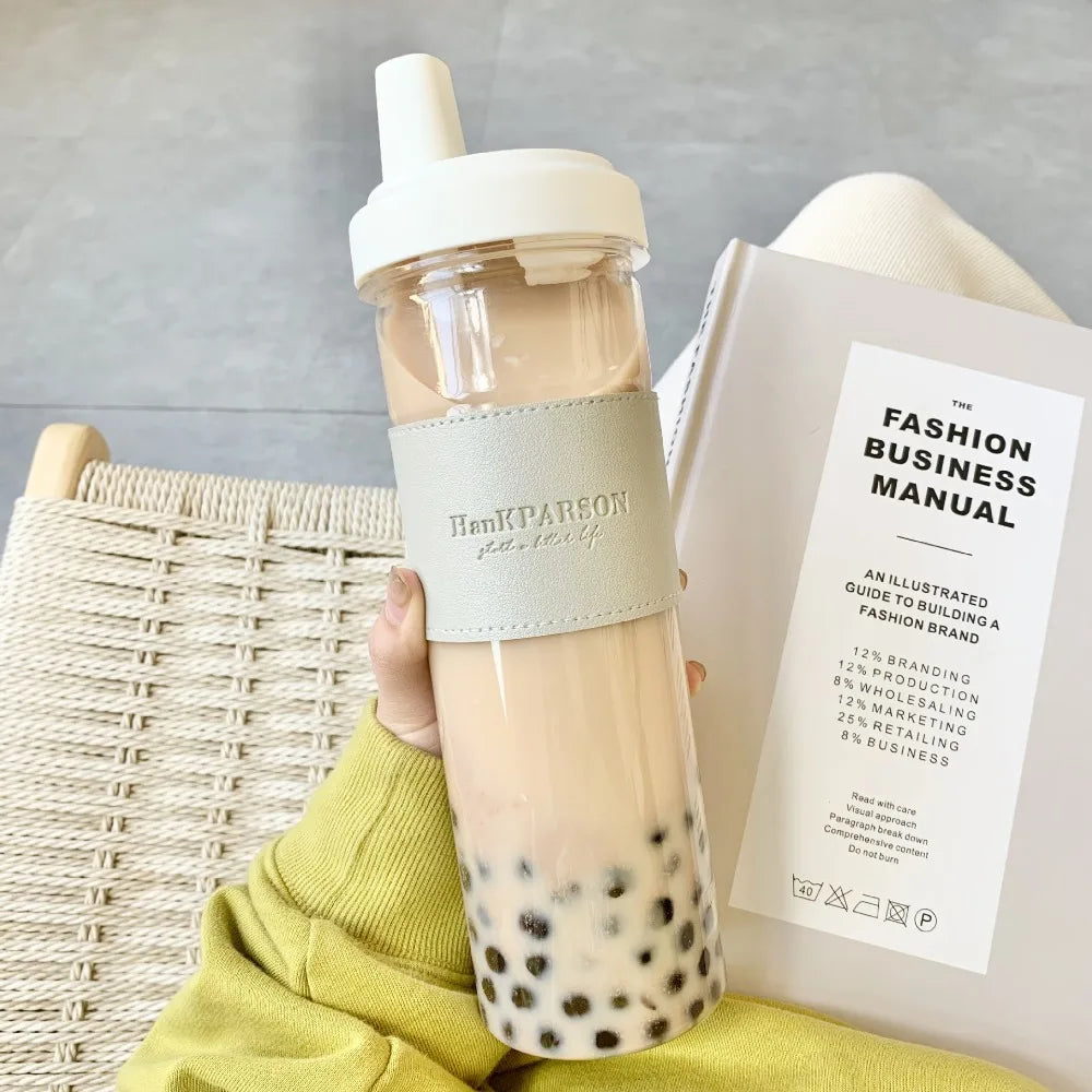 850ML Cute Pearl Milk Tea Straw Plastic Water Bottle with Cup Cover Women Large Capacity Juice Boba Milk Cup Dropproof